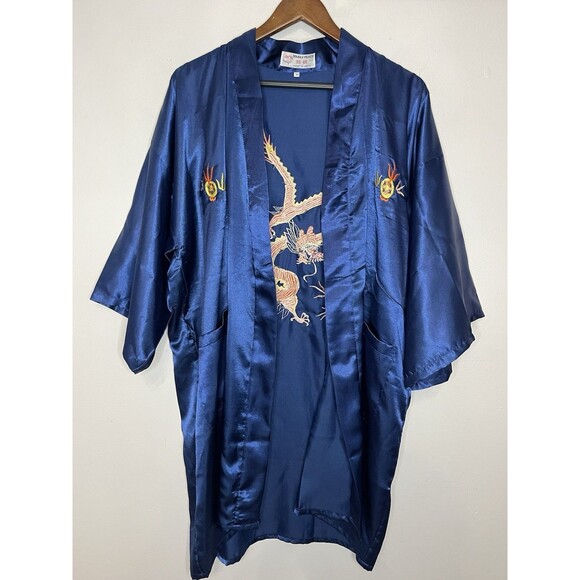 Double Peach Womens Medium Navy Blue Embroidered Dragon Mini Robe MISSING BELT - Picture 2 of 8